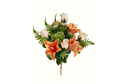 Kytice lilie, růže s přízdobou bílo-oranžová 47 cm