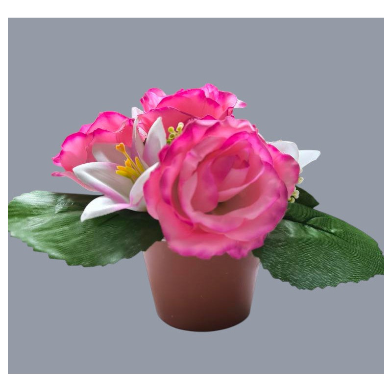 Růže s lilií v květináči tm. růžová 17 cm