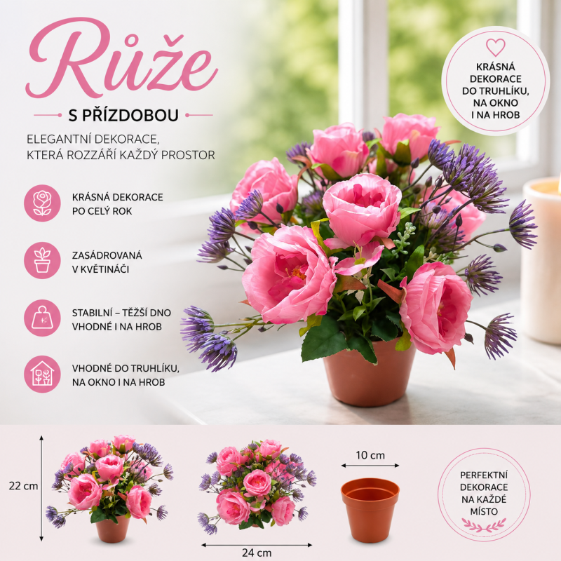 Růže s přízdobou v květináči růžová 22 cm