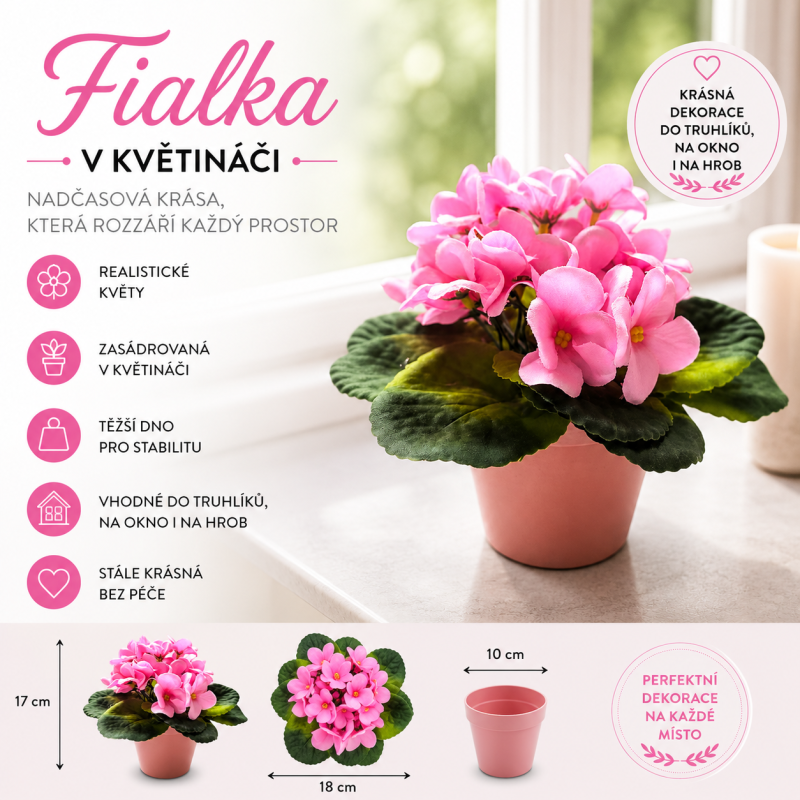 Fialka v květináči růžová 17 cm