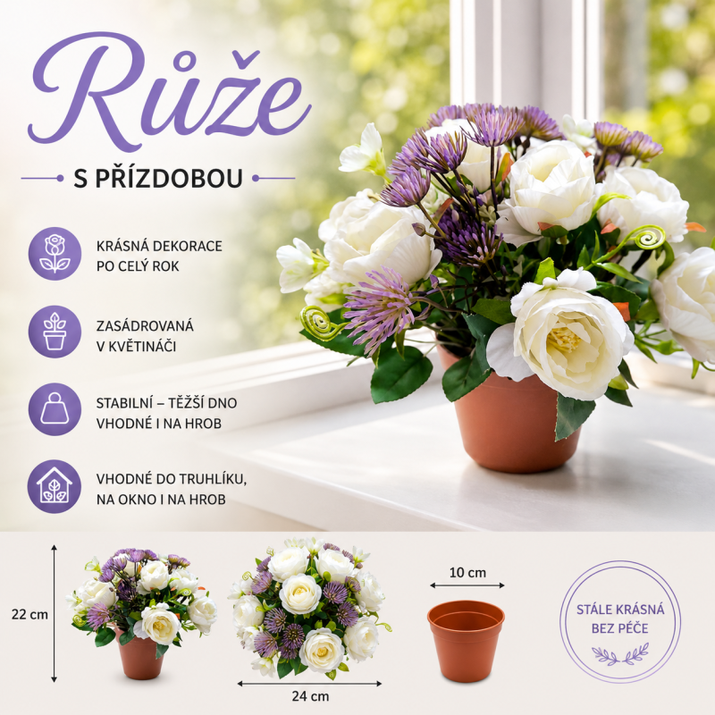 Růže s přízdobou v květináči bílá 22 cm