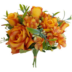 Kytice vázaná růže a hortenzie tm. oranžová 32 cm