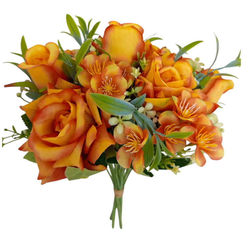Kytice vázaná růže a hortenzie tm. oranžová 32 cm