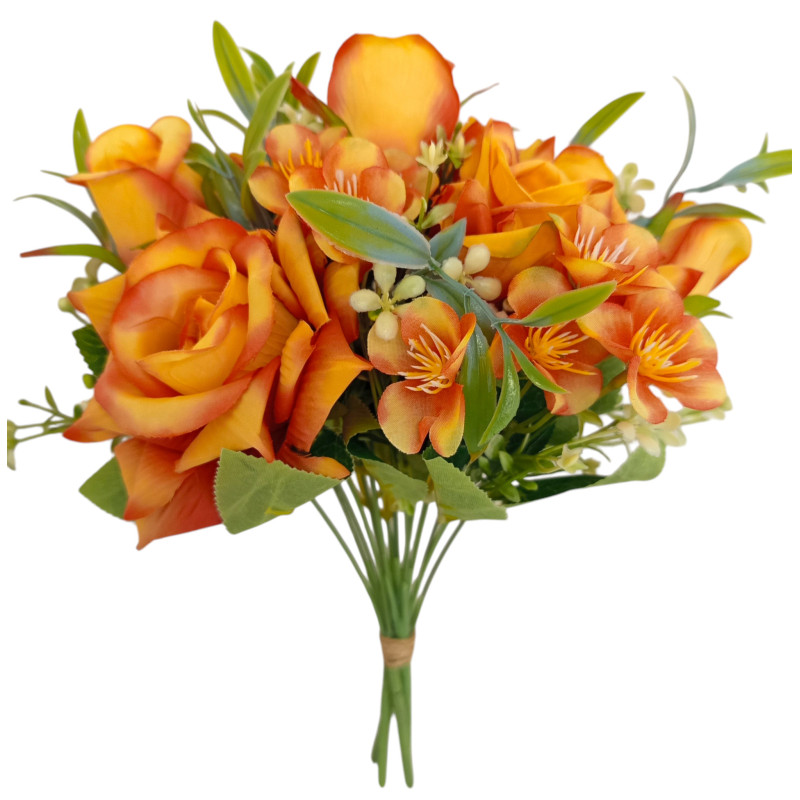 Kytice vázaná růže a hortenzie tm. oranžová 32 cm