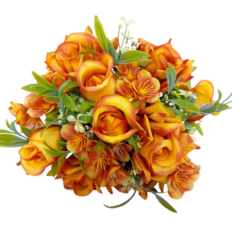 Kytice vázaná růže a hortenzie tm. oranžová 32 cm